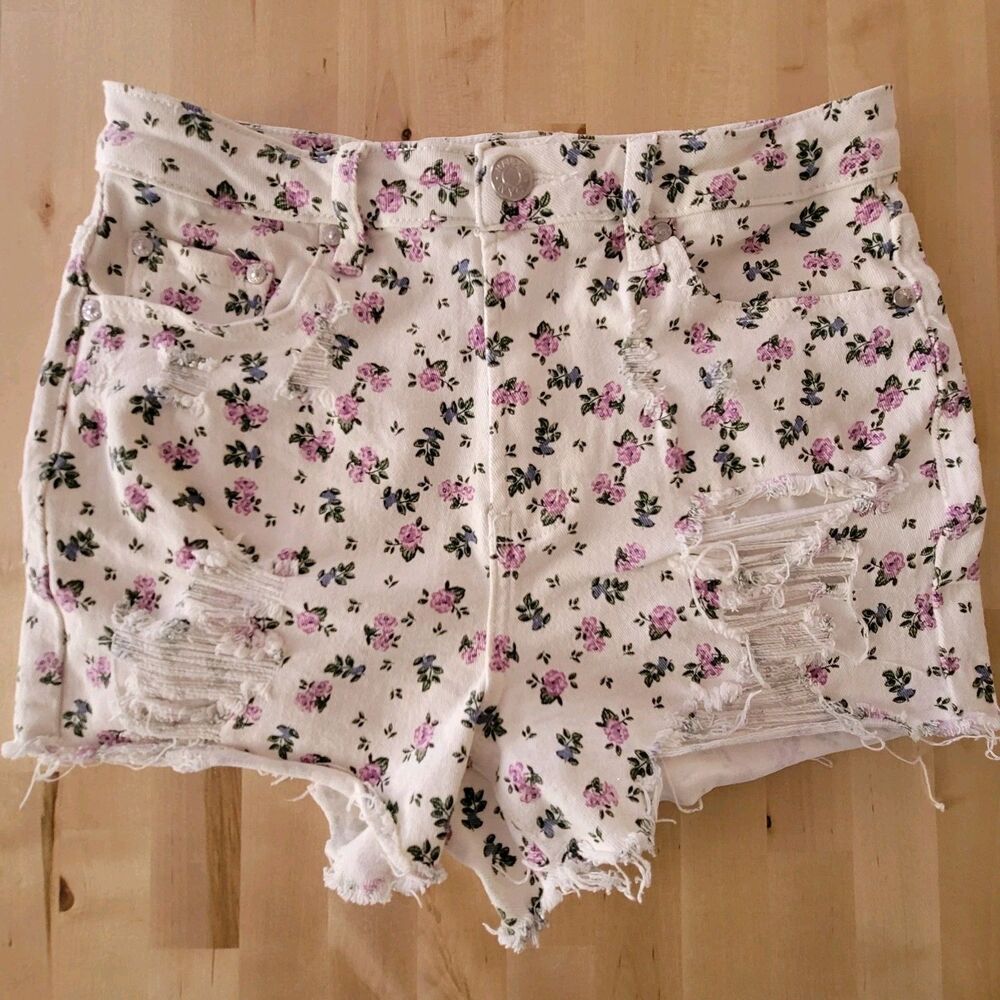 Juniors High Rise Jean Shorts Frayed Hem Floral Distressed Size 7 Festival